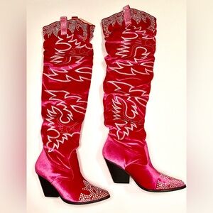 Embellished Velvet Western Thigh High Boots Fuchsia w/ Rhinestones Over-the-Knee